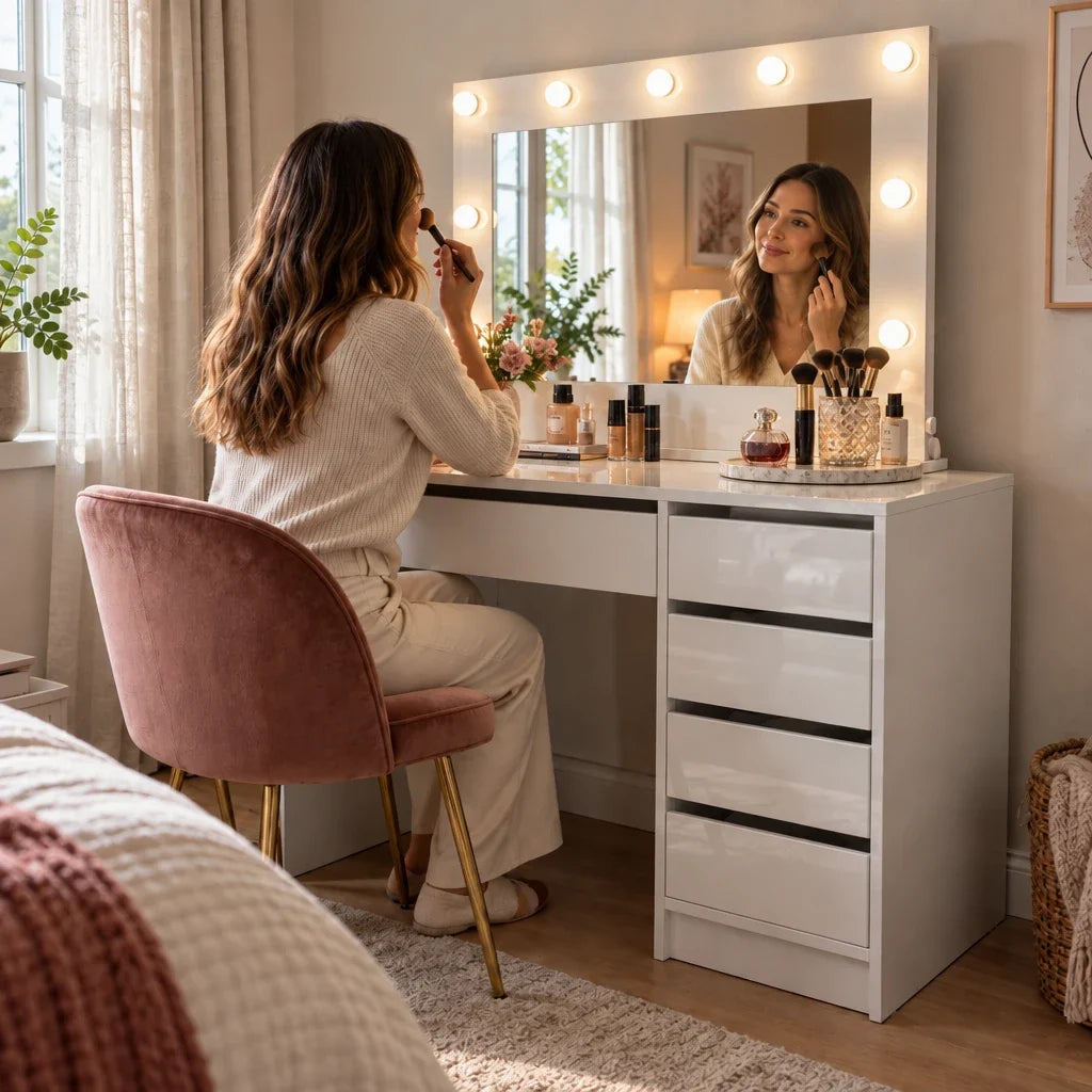 Woman doing her makeup at the Grace Hollywood dressing table
