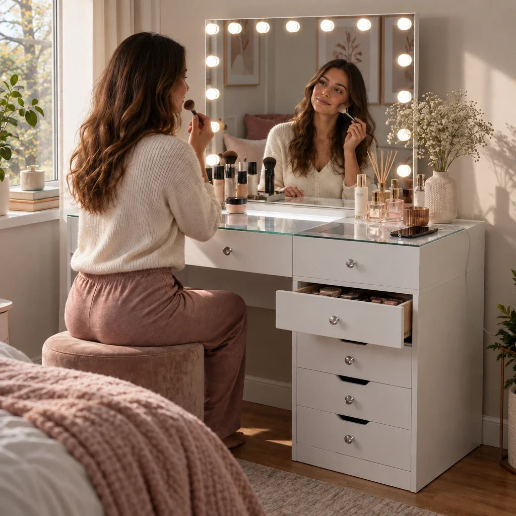 Woman doing her makeup at the Serena Hollywood dressing table