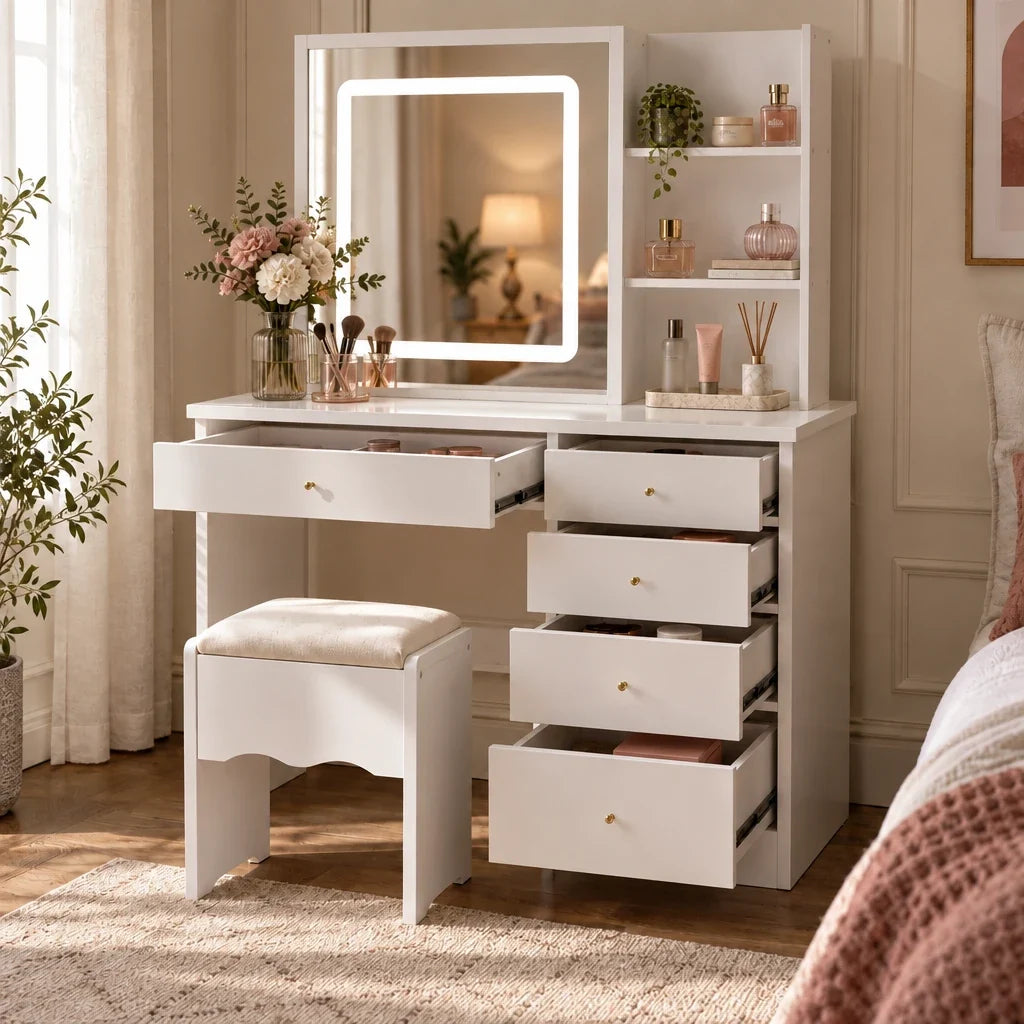Simone LED dressing table with drawers open