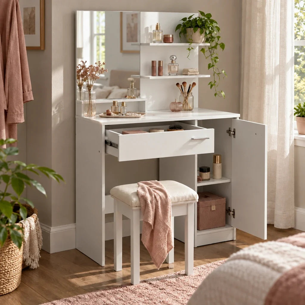 Lottie white dressing table with drawers open
