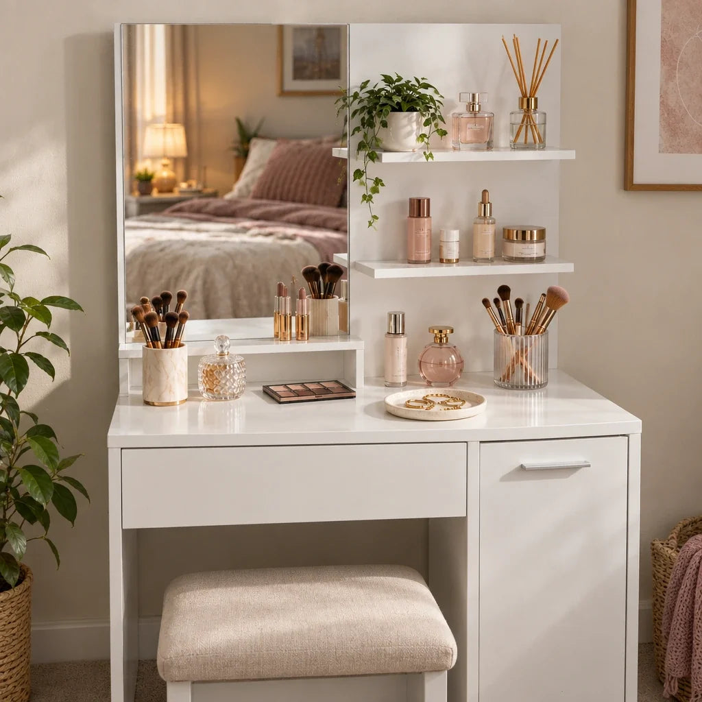 Lottie white dressing table, mirror lights on