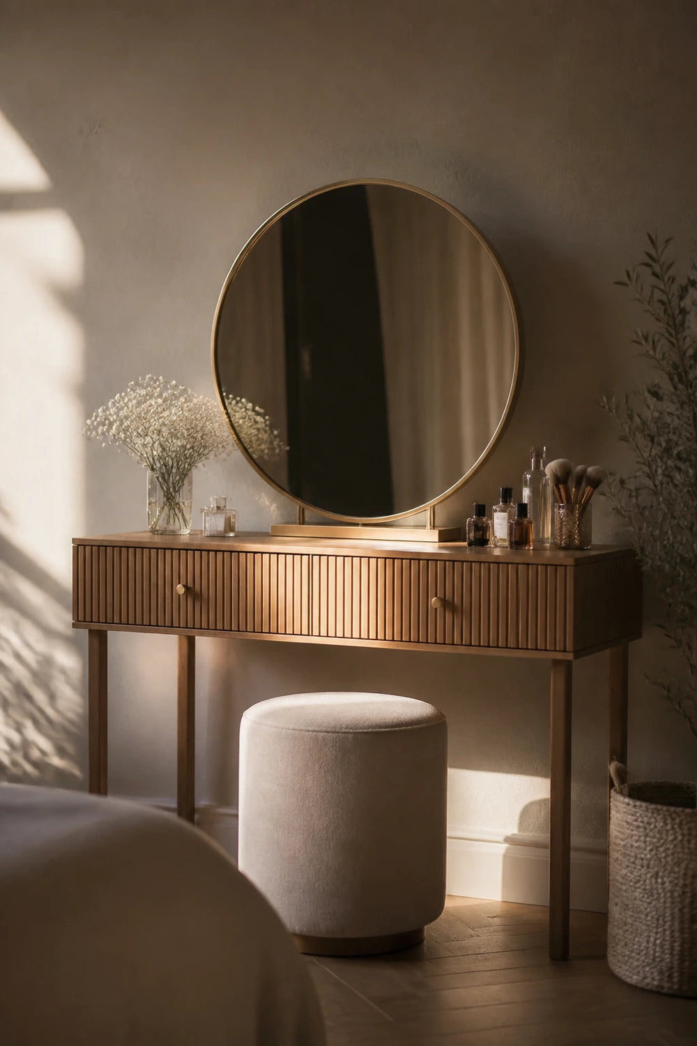 Dressing table with round mirror and stool in a bedroom