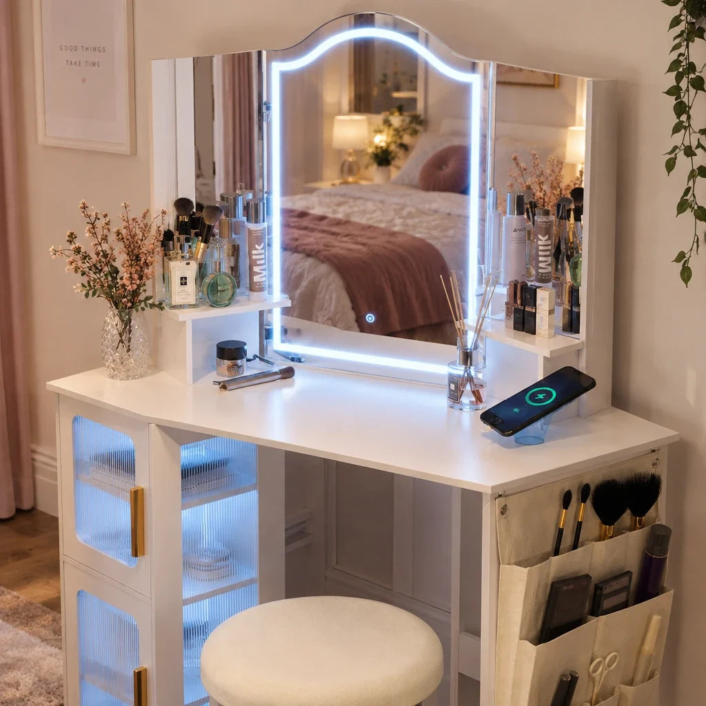 Amelie dressing table set, mirror lights on