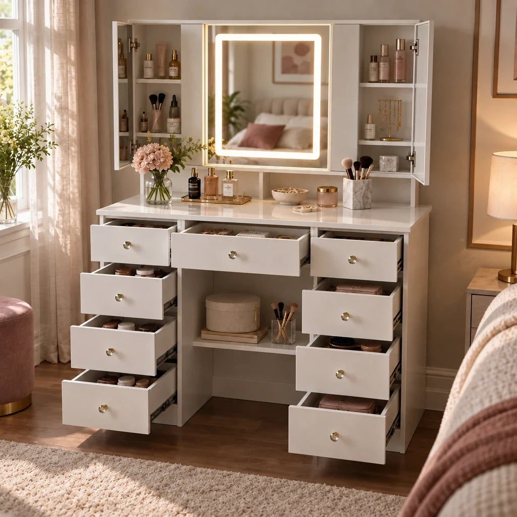 Livia tri-fold mirror dressing table with drawers open