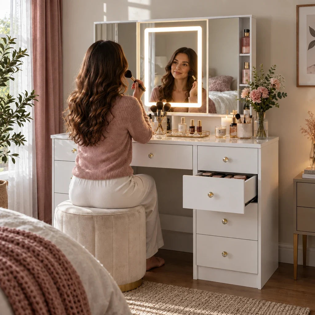 Woman doing her makeup at the Livia tri-fold mirror dressing table