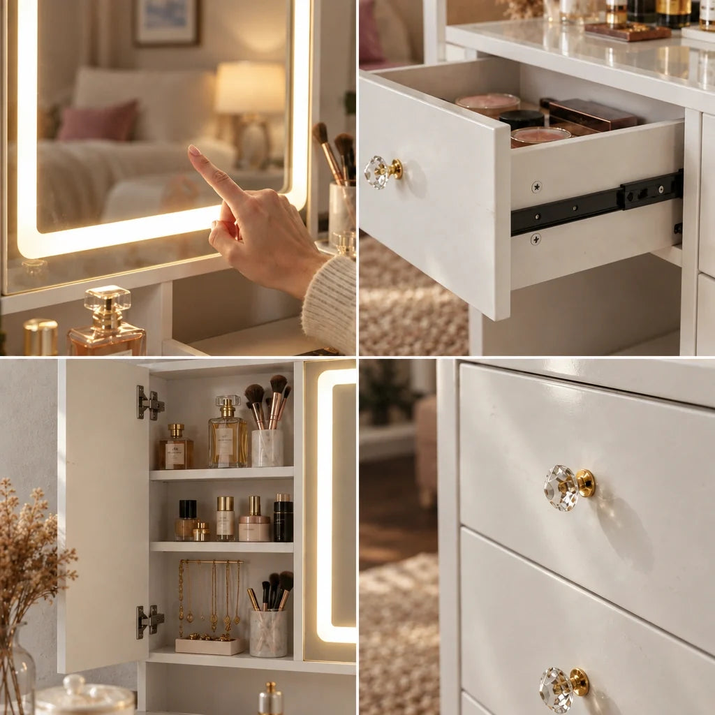 Livia tri-fold mirror dressing table, close-up details
