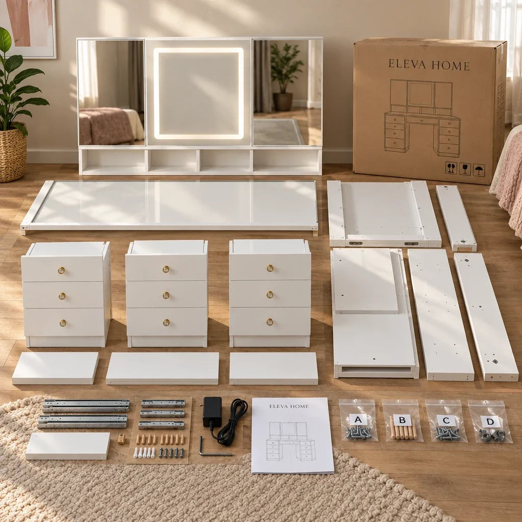 Livia tri-fold mirror dressing table, box contents and fixings