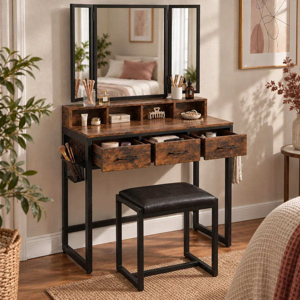 Hazel rustic dressing table with drawers open