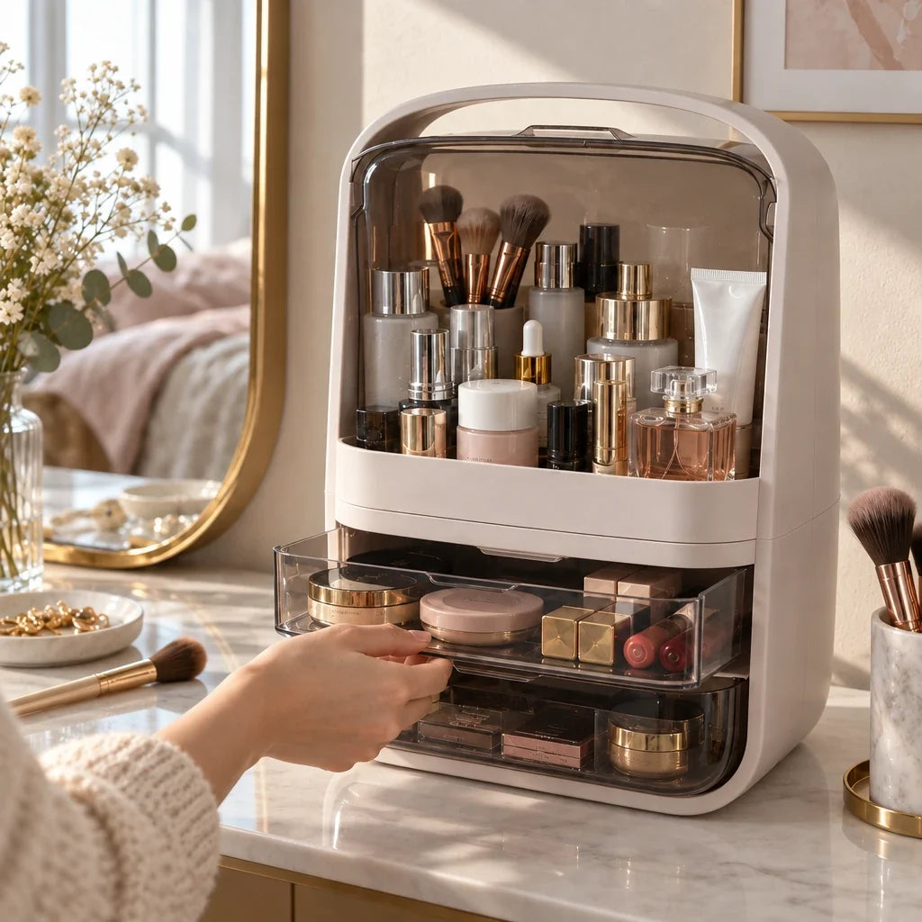 Pippa dustproof makeup organiser filled with makeup