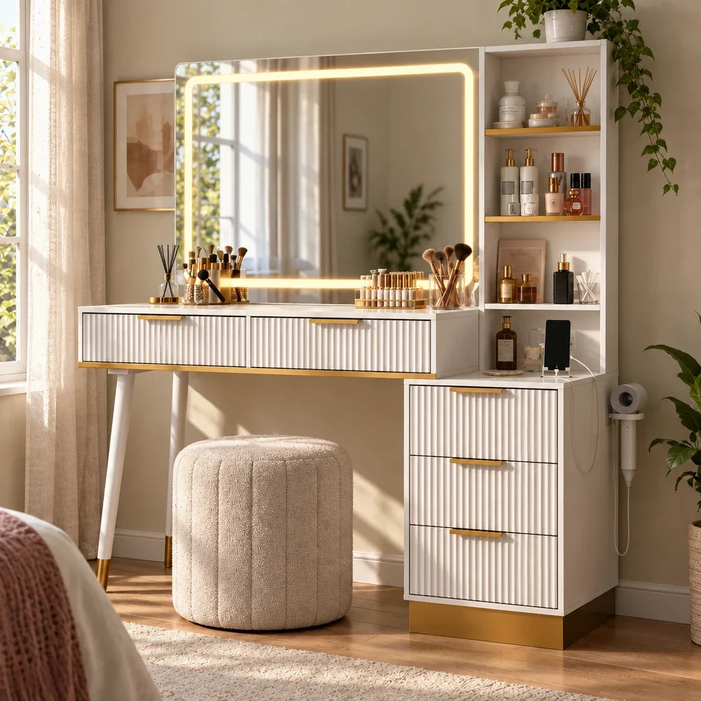 Fluted Dressing Table with LED Mirror - White and Gold, 122cm