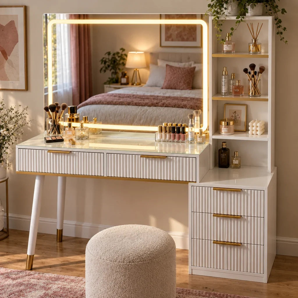 Celeste fluted dressing table, mirror lights on