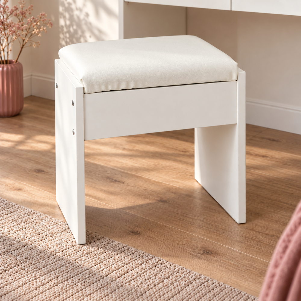 Clean Slate Padded Vanity Stool in White | Eleva regenerated |01