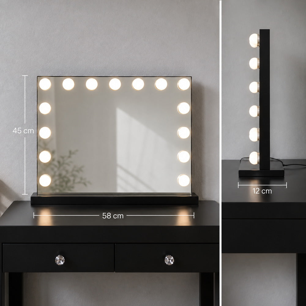 Noir Glow Hollywood Mirror with 15 Bulbs | Eleva regenerated |02