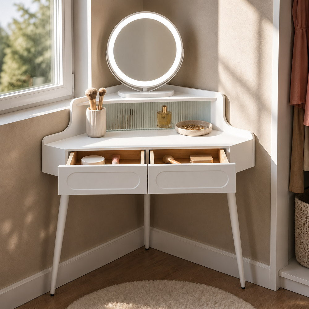 Quiet Corner Dressing Table with Round Mirror | Eleva regenerated |03