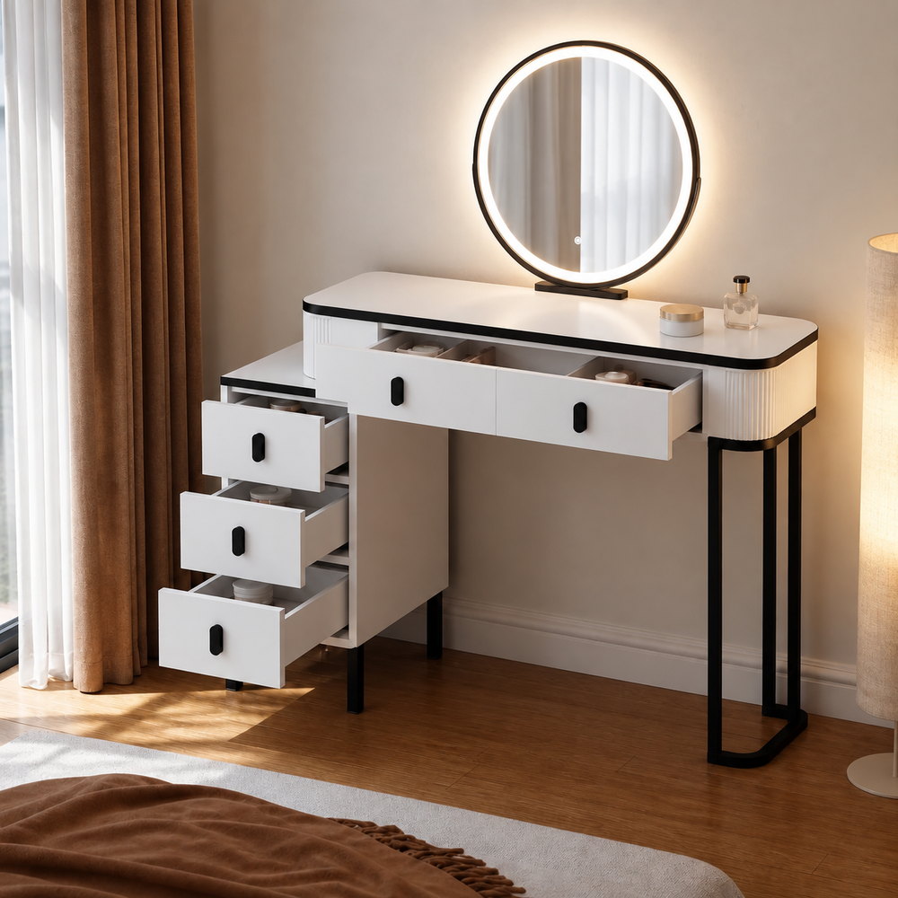 Monochrome Chic Round Mirror Dressing Table | Eleva regenerated |03