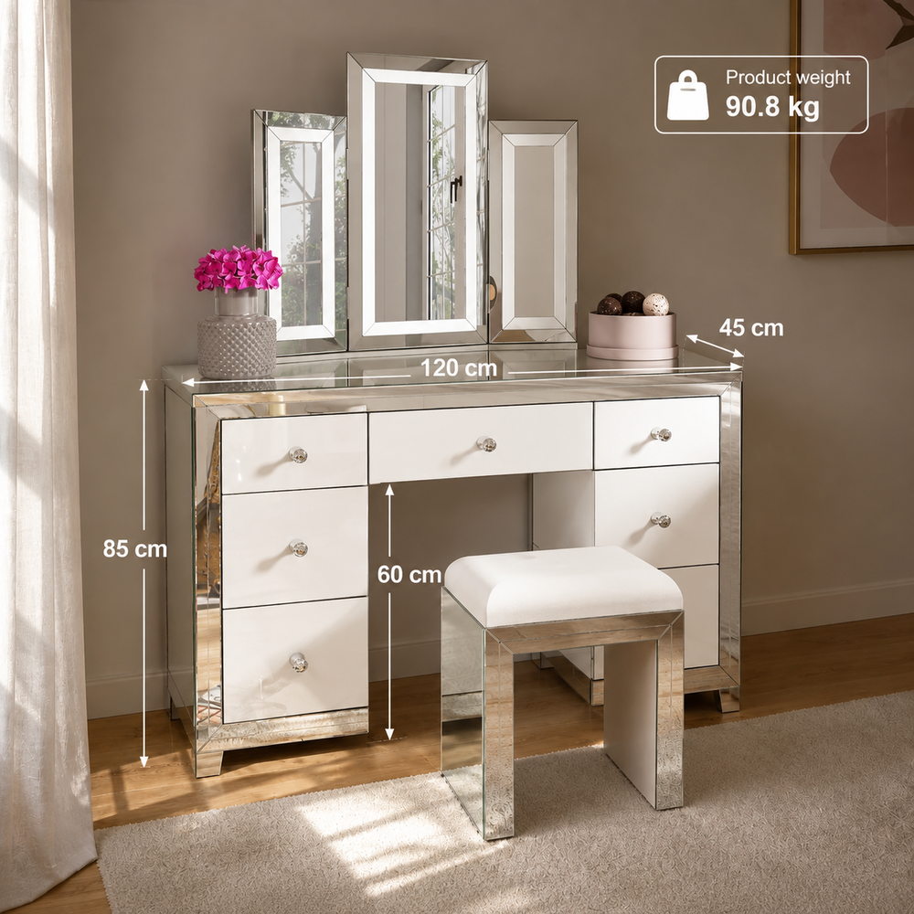 Mirror Mirror Tri-Fold Vanity Set with Stool | Eleva regenerated |04