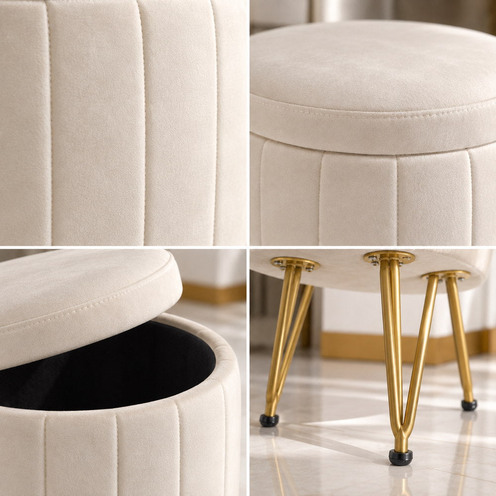 Gilded Touch Velvet Storage Stool in White | Eleva regenerated |04