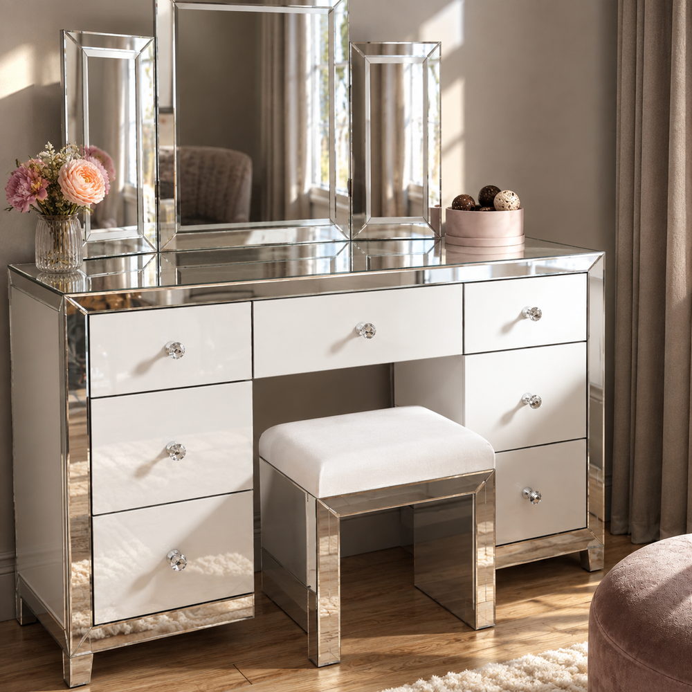 Mirror Mirror Tri-Fold Vanity Set with Stool | Eleva regenerated |07