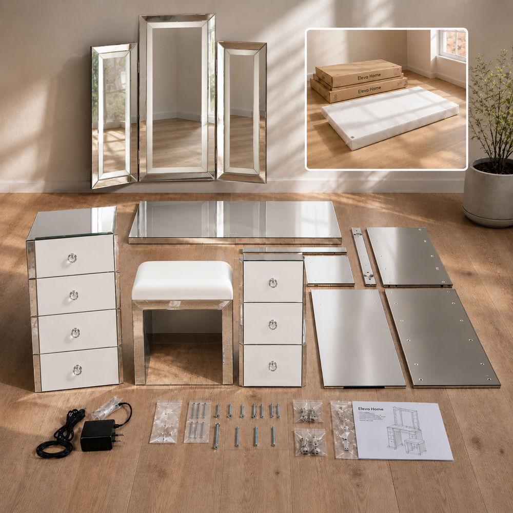 Mirror Mirror Tri-Fold Vanity Set with Stool | Eleva regenerated |08