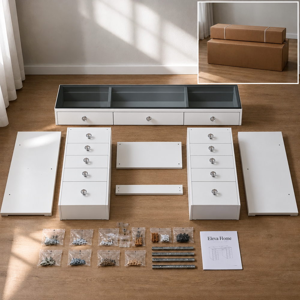 Jewel Box Glass-Top Dressing Table in White | Eleva regenerated |09