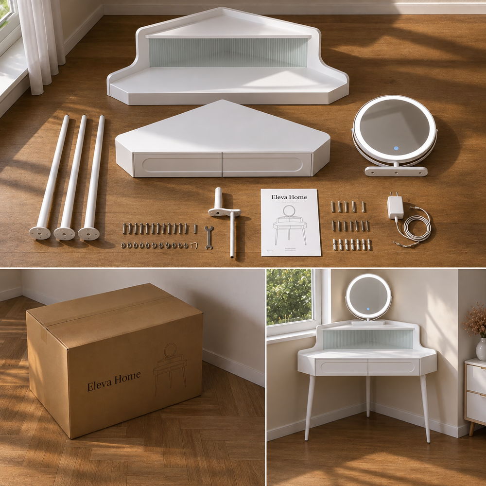 Quiet Corner Dressing Table with Round Mirror | Eleva regenerated |09