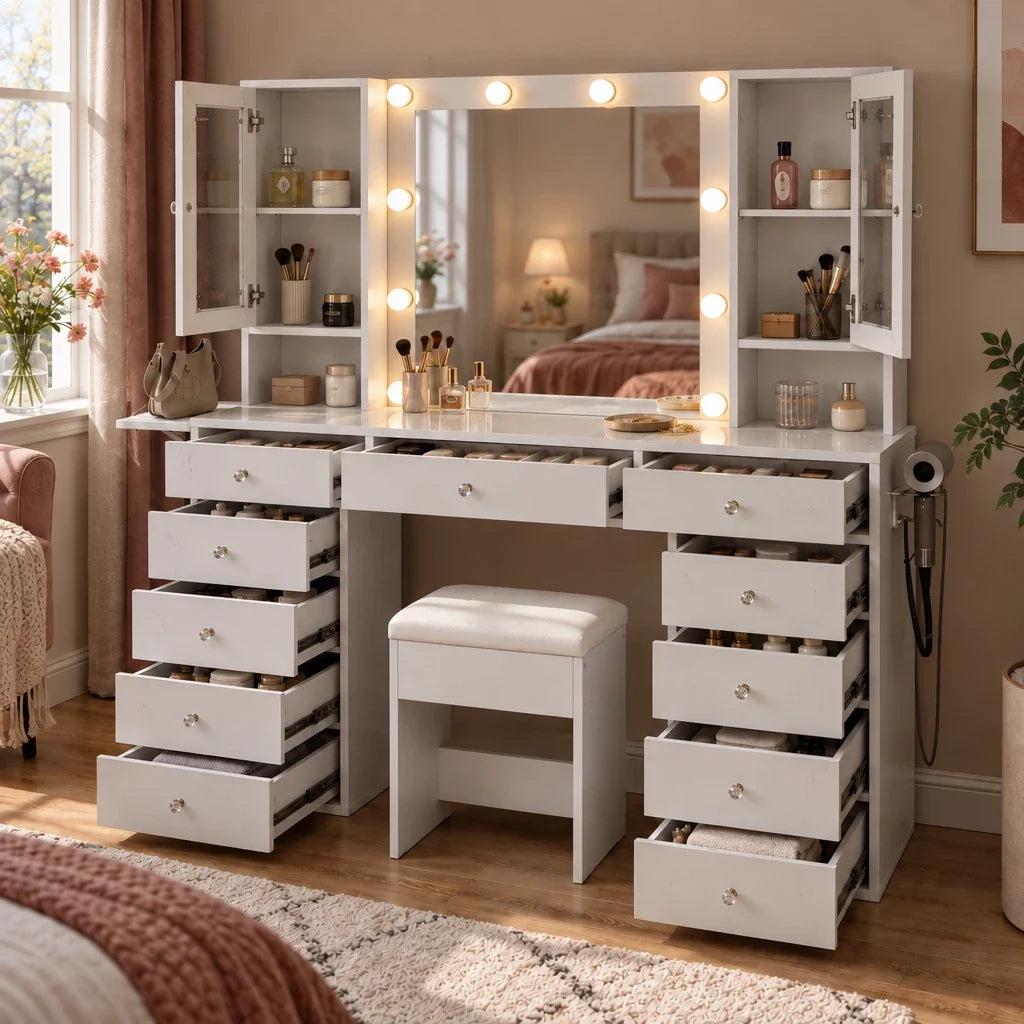 Roxy large Hollywood dressing table with drawers open