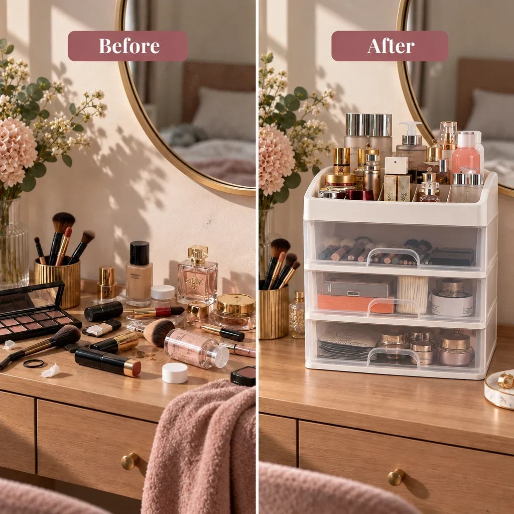 Suki makeup organiser, before and after tidying