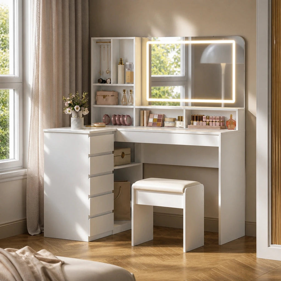 White dressing table with lit mirror and shelves