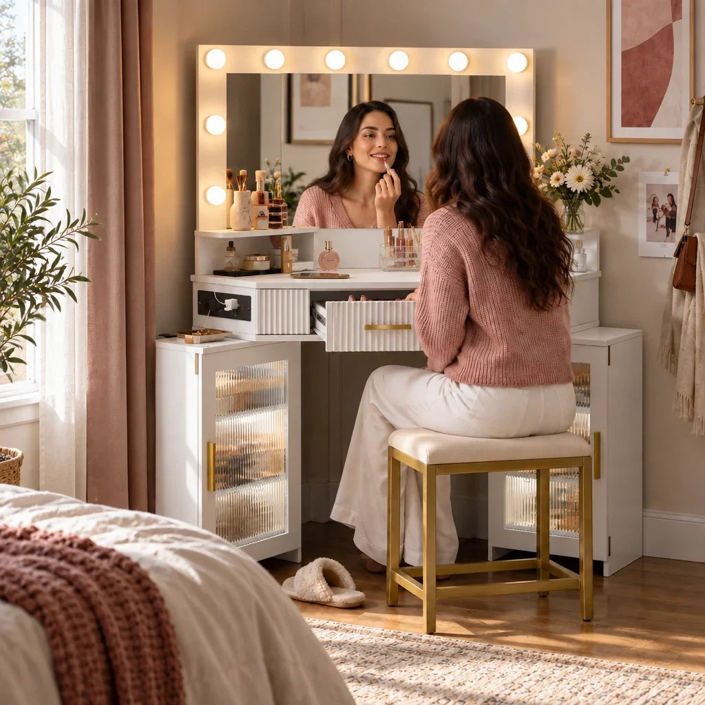 Woman doing her makeup at the Cora corner dressing table
