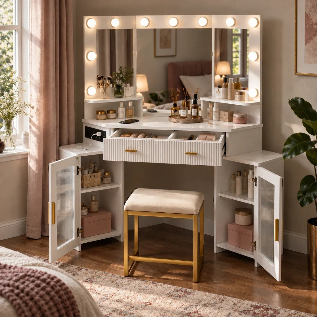 Cora corner dressing table with drawers open