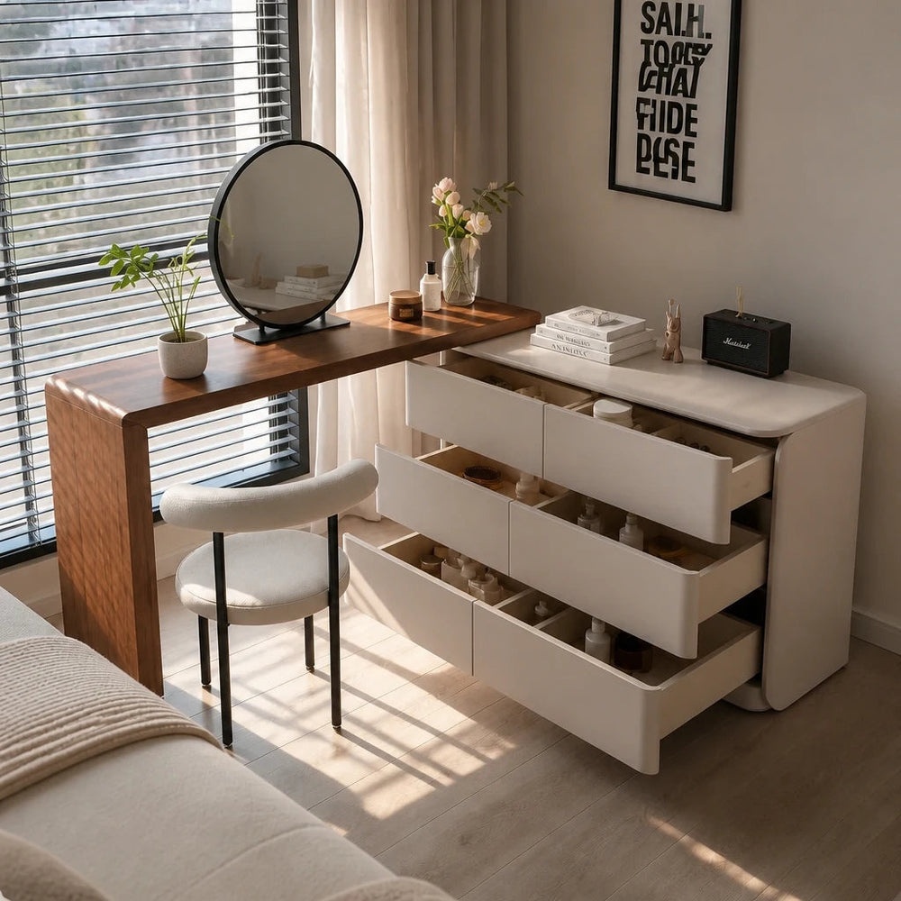 Corner dressing table with open drawers