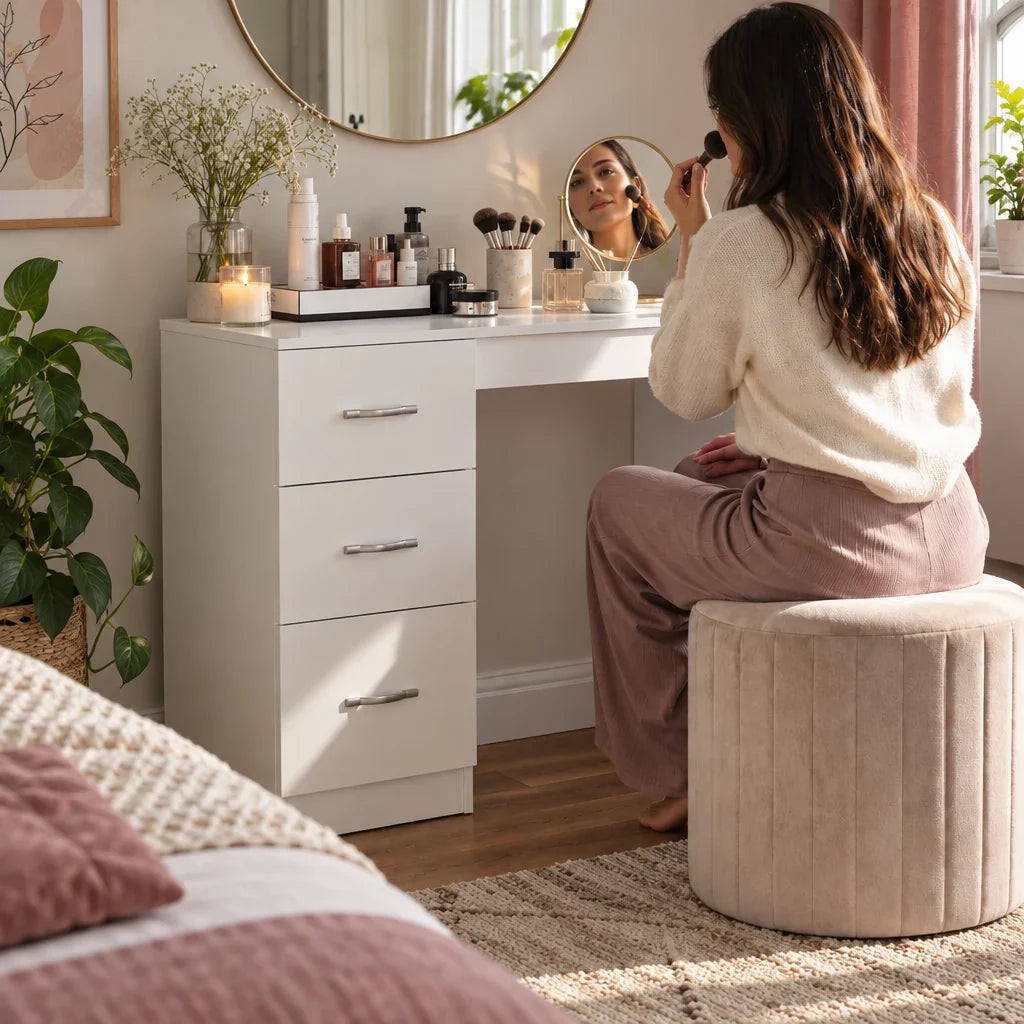 Woman doing her makeup at the Alice white dressing table