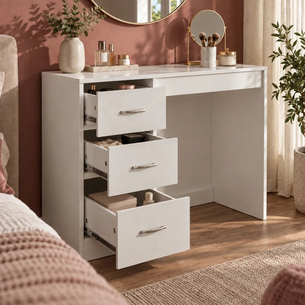 Alice white dressing table with drawers open