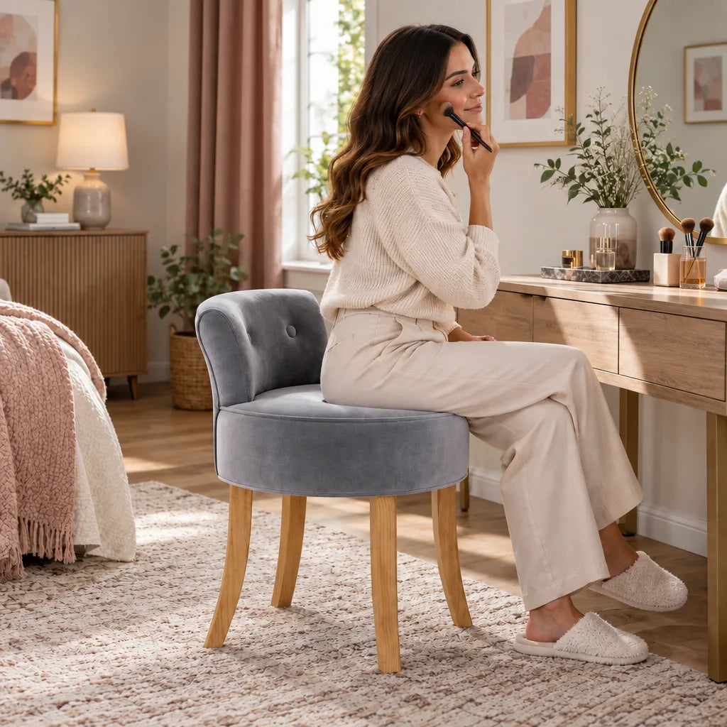 Woman seated on the Odette velvet dressing table chair