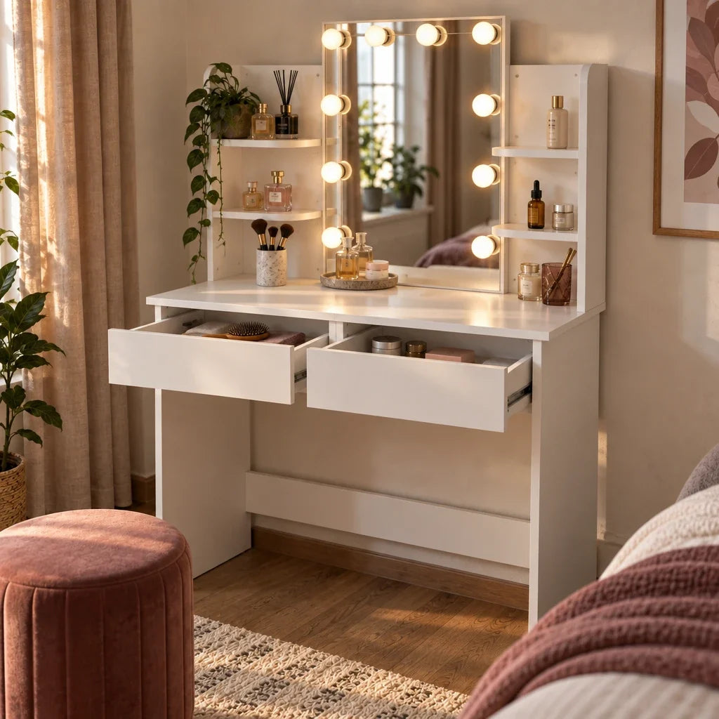Hallie Hollywood dressing table with drawers open