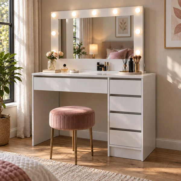 Dressing Table with Hollywood Mirror and 5 Drawers - White, 120cm