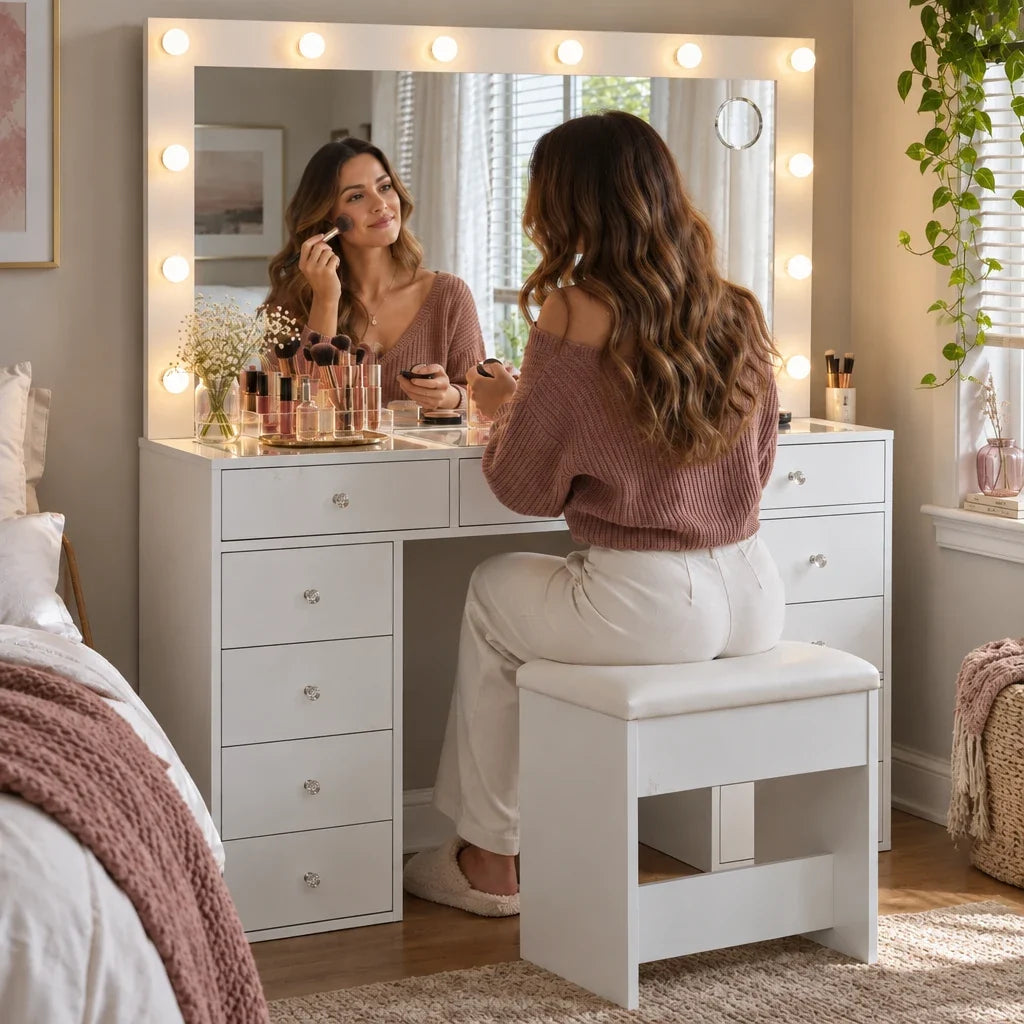 Woman doing her makeup at the Viola Hollywood dressing table