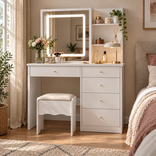Dressing Table with LED Mirror, 5 Drawers and Stool - White, 100cm