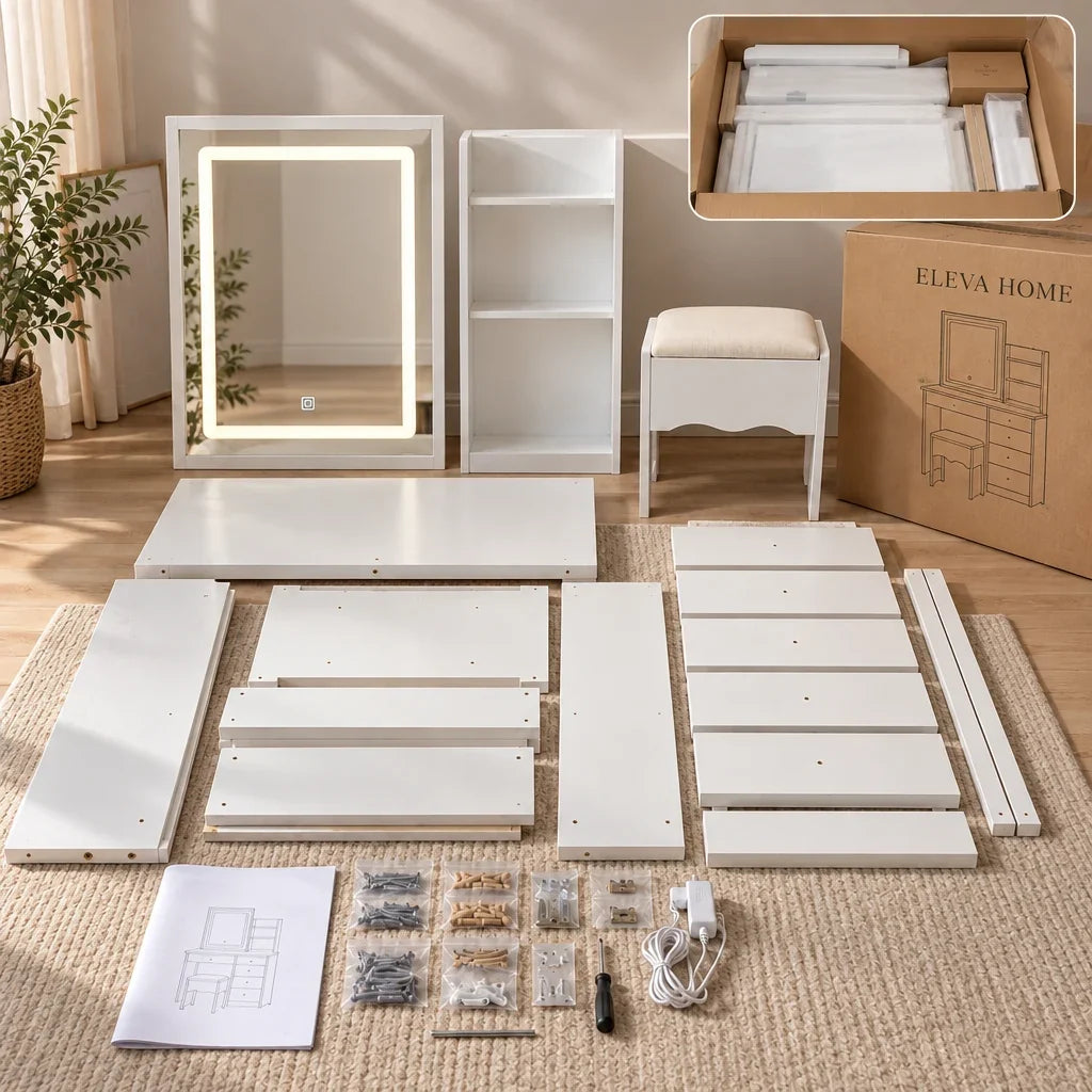 Simone LED dressing table, box contents and fixings