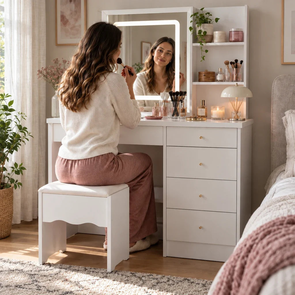 Woman doing her makeup at the Simone LED dressing table