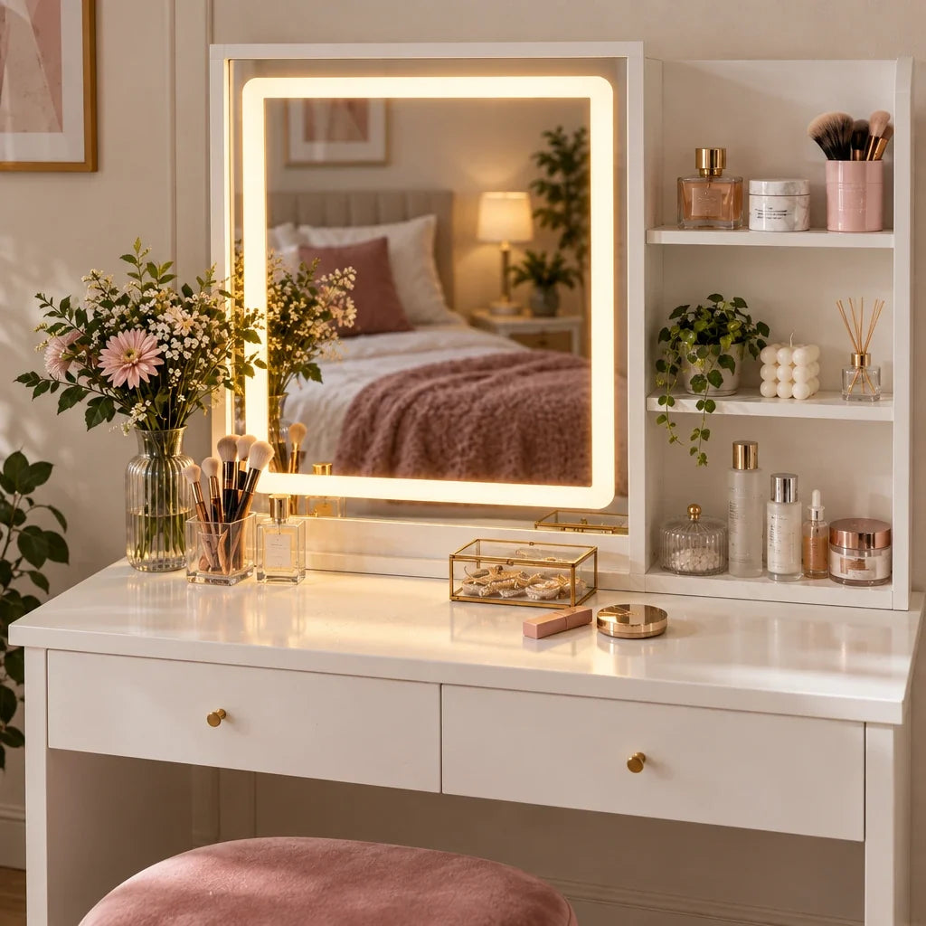 Simone LED dressing table, mirror lights on