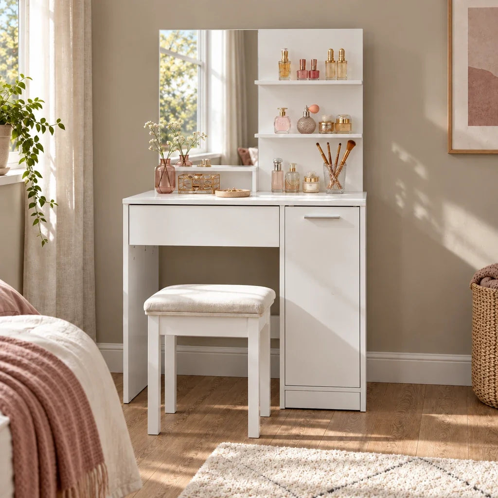 Dressing Table with Mirror, Shelves and Cupboard - White, 80cm