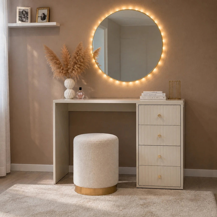 Dressing table with round bulb mirror