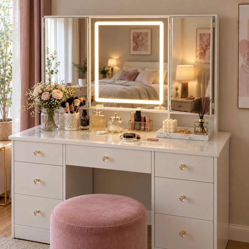 Livia tri-fold mirror dressing table, mirror lights on