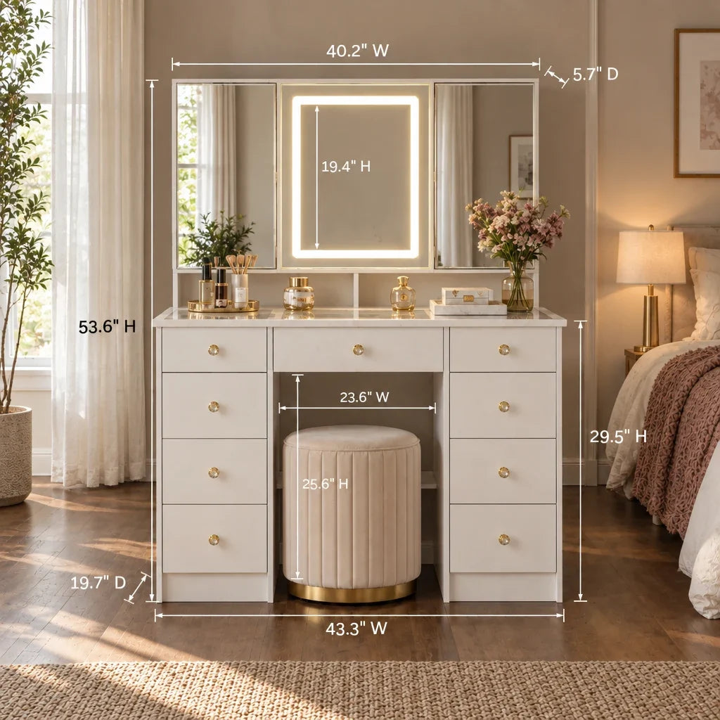 Livia tri-fold mirror dressing table dimensions