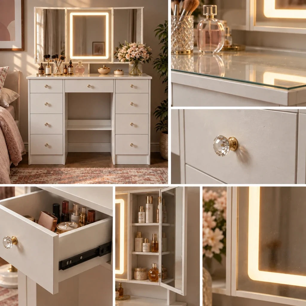 Livia tri-fold mirror dressing table, finish close-up