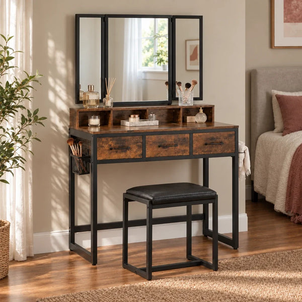 Dressing Table with Tri-Fold Mirror and Stool - Rustic Brown, 90cm