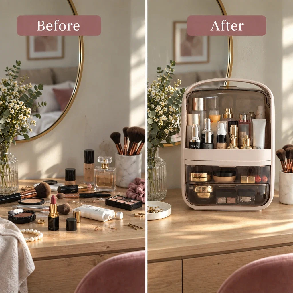 Pippa dustproof makeup organiser, before and after tidying