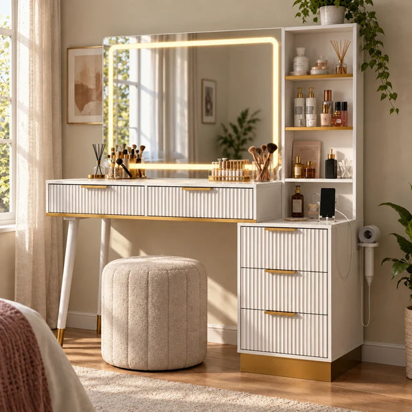 Fluted Dressing Table with LED Mirror - White and Gold, 122cm