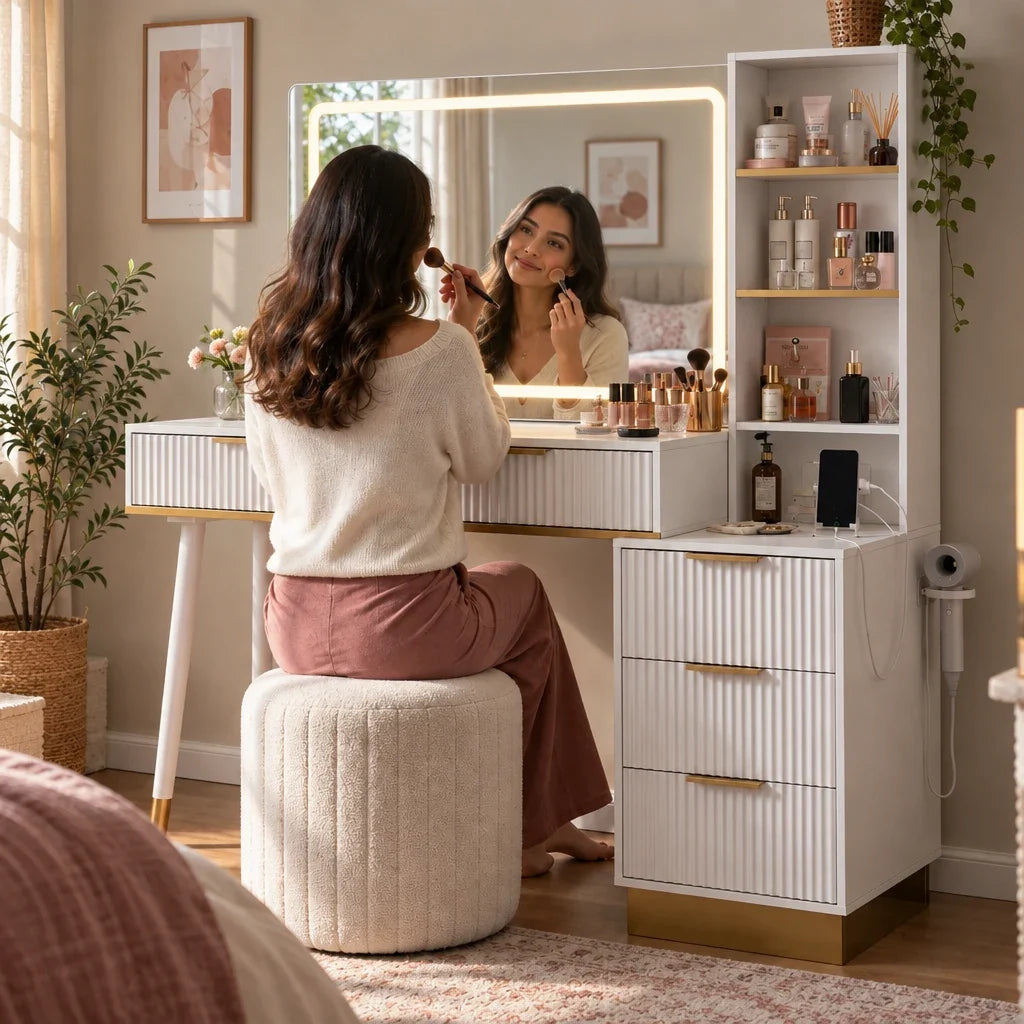 Woman doing her makeup at the Celeste fluted dressing table
